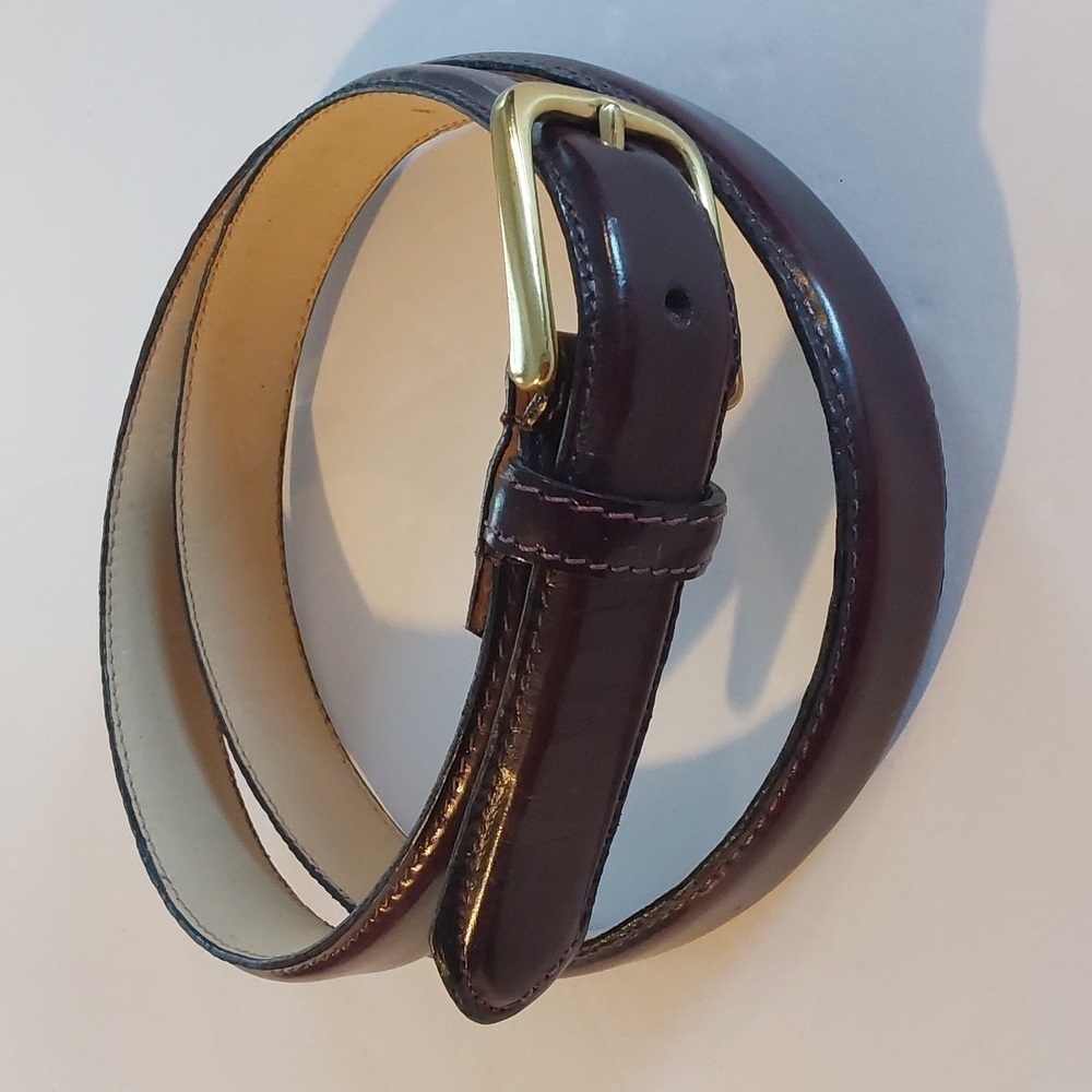 Vintage Burgundy Full grain Cowhide Belt Solid brass Buckle Preppy Dress Sz.36